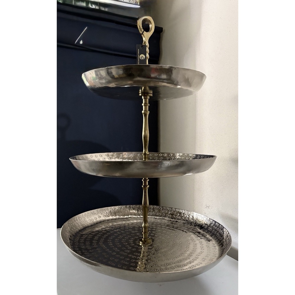 Handmade 3 Tier Hammered Metal Cake Stand Artisan Crafted India Serving Tray NWT